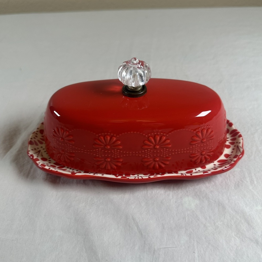 Pioneer Woman Red Floral Bursts Covered Butter Dish Clear Top Knob